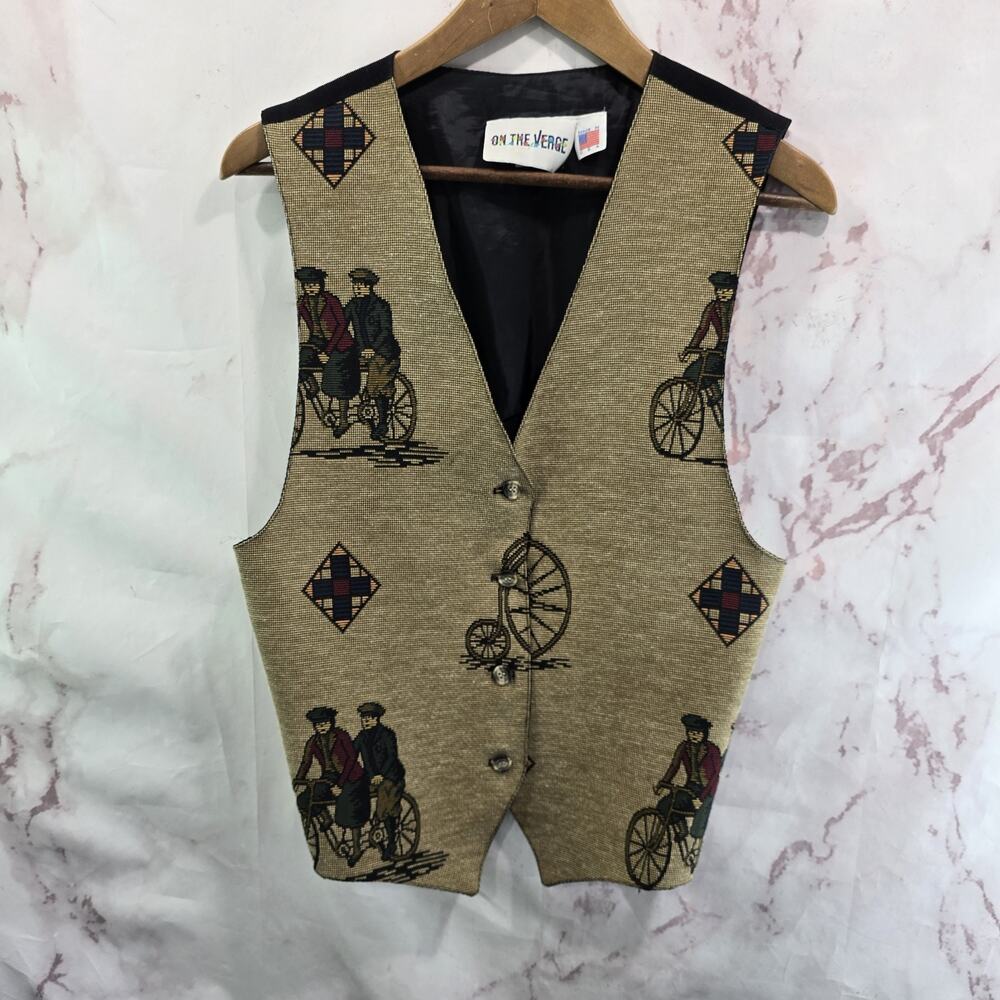 Vintage Tapestry Vest Womens Small Tandem Bicycle Bike Corduroy 80s Carpet